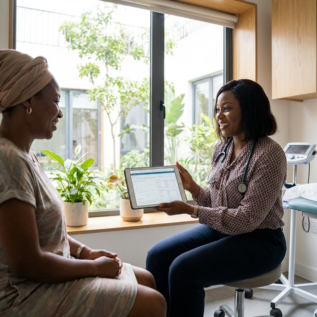 Doctor sharing digital health record with patient
